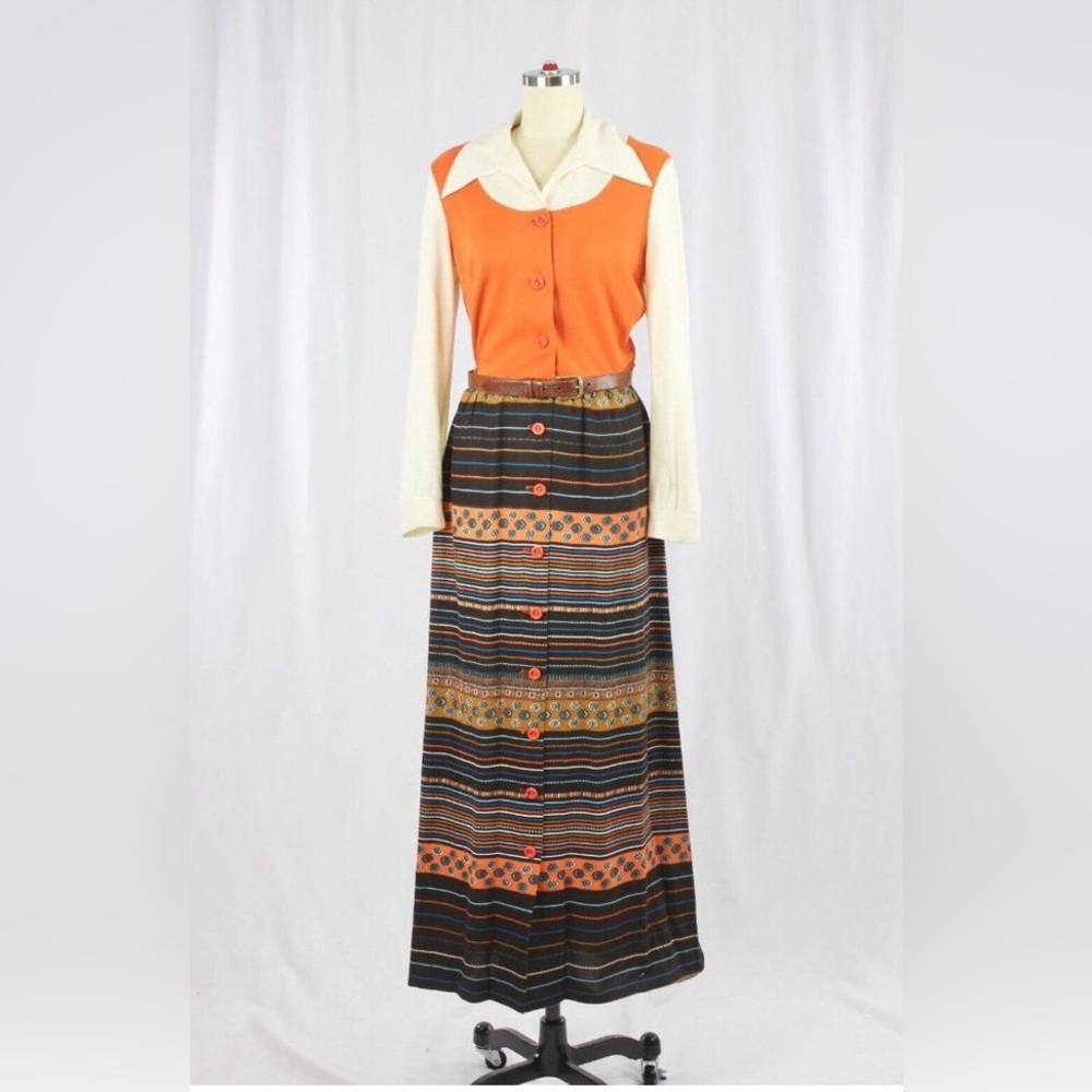 Vintage 1970s Black and Orange Maxi Pencil Dress